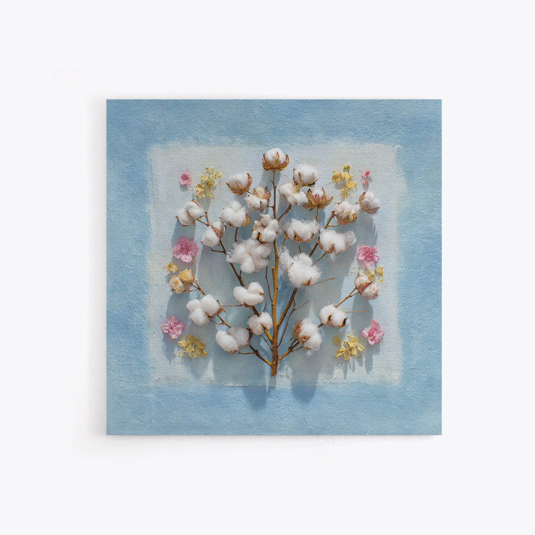 Fresh Cotton Branch Botanical Study Canvas Print, Laundry Room Art, Apartment Wall Art, Living Room Decor, Fine Art, Clean, LRA-1x1-55