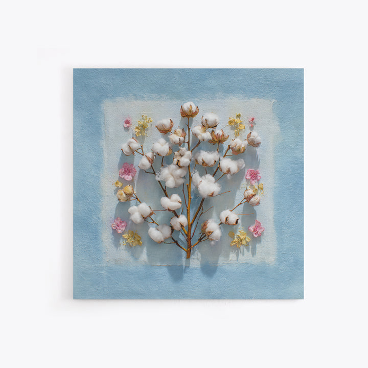 Fresh Cotton Branch Botanical Study Canvas Print, Laundry Room Art, Apartment Wall Art, Living Room Decor, Fine Art, Clean, LRA-1x1-55