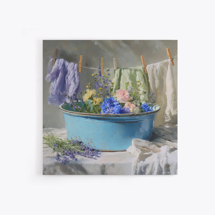 Old Enamel Basin Filled Framed Canvas Print, Laundry Room Art, Printable Art, Living Room Decor, Fine Art, Clean, Whimsical Art, LRA-1x1-56