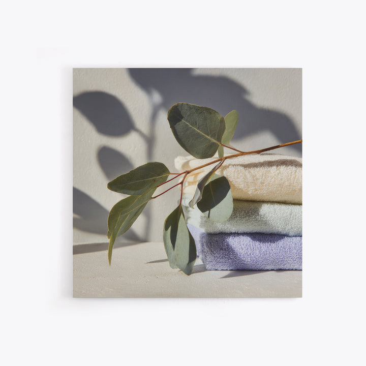 Sunlit White Towels and Eucalyptus Branch Canvas Print, Laundry Room Art, Digital Art Print, Living Room Decor, Fine Art, Clean, LRA-1x1-59
