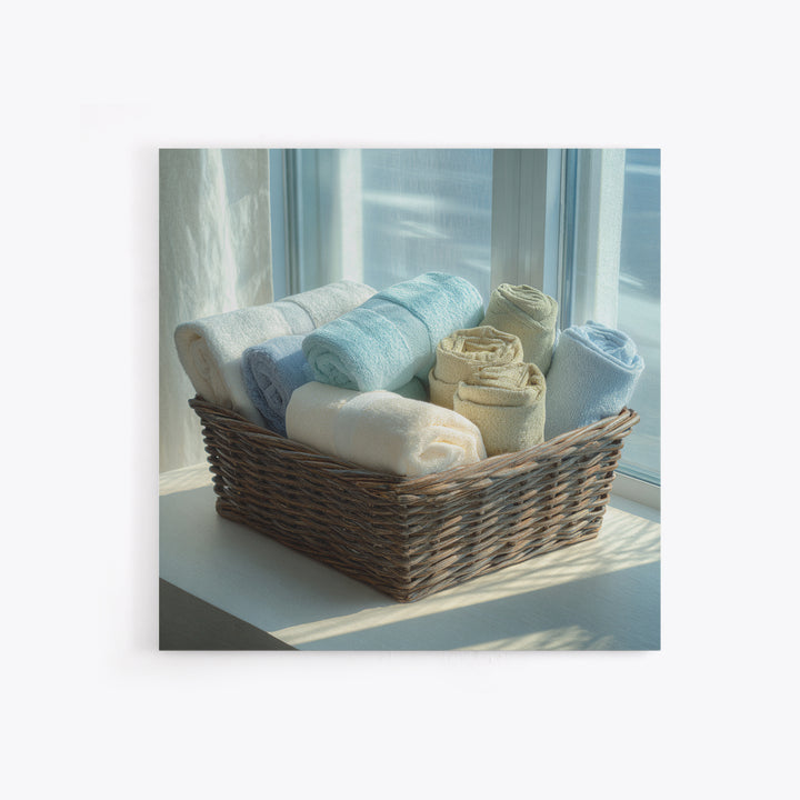 Basket of Folded Towels Framed Canvas Print, Laundry Room Art, Rustic Home Decor, Living Room Decor, Fine Art, Clean, LRA-1x1-62