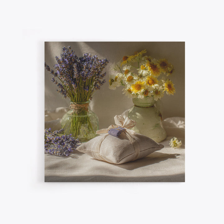 Lavender Sachet and Ribbon Still Life Framed Canvas Print, Laundry Room Art, Gallery Decor, Living Room Decor, Fine Art, Clean, LRA-1x1-65