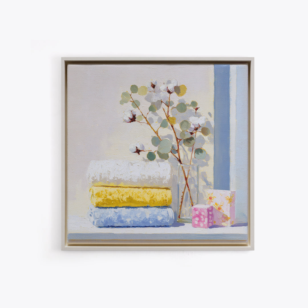Sunlit White Towels and Eucalyptus Branch Canvas Print, Laundry Room Art, Statement Artwork, Living Room Decor, Clean, LRA-1x1-83