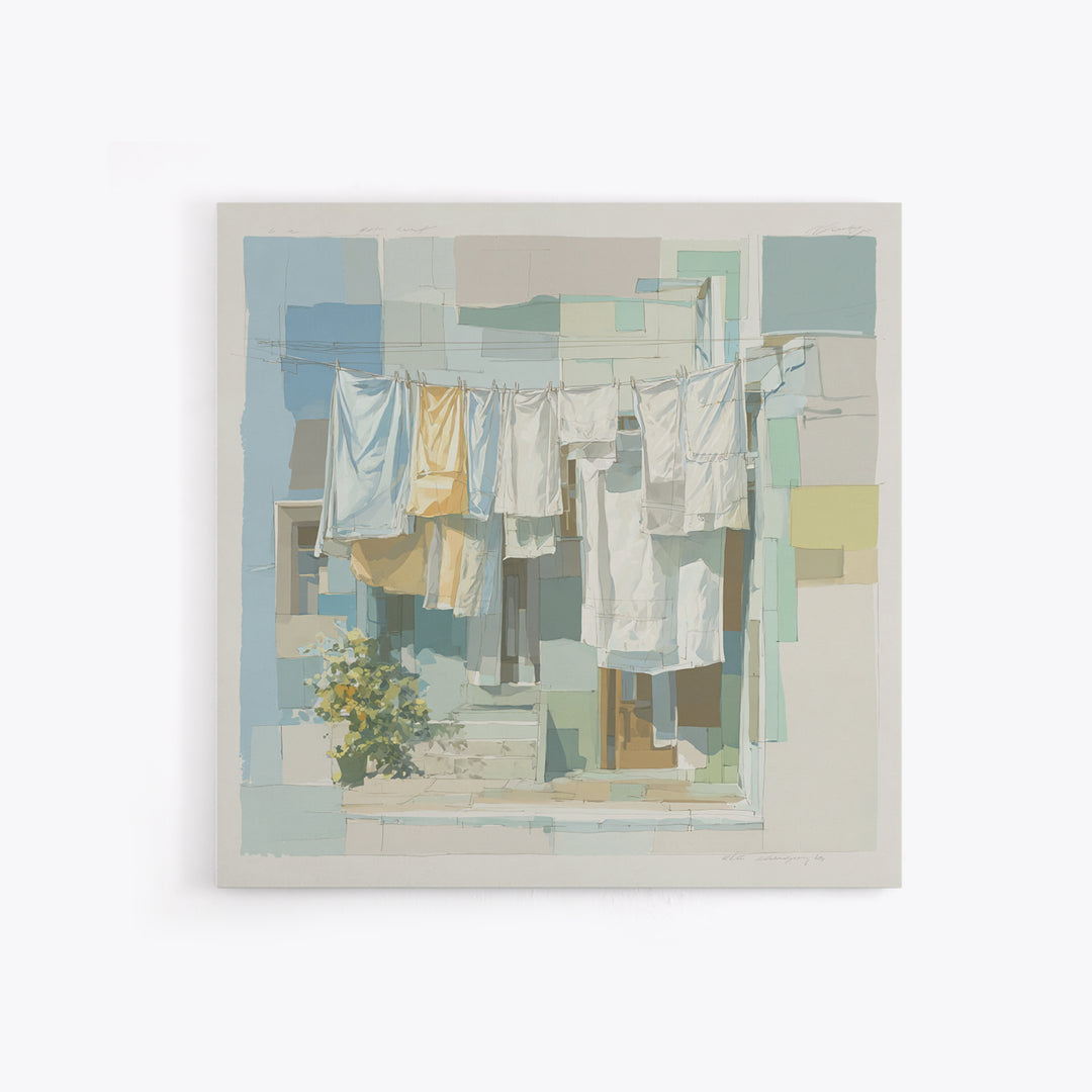 Simple Line Drawing of Hanging Laundry Framed Canvas Print, Laundry Room Art, Textured Painting, Living Room Decor, Clean, LRA-1x1-88