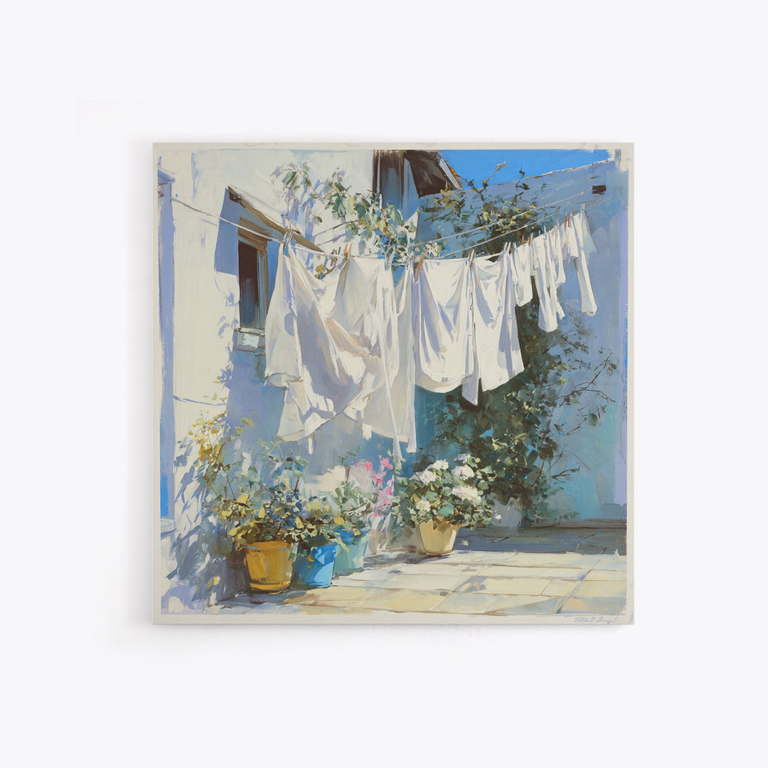 Clothesline with White Linens Blowing in Sunshine Canvas Print, Laundry Room Art, Home Decor, Living Room Decor, Clean, LRA-1x1-97