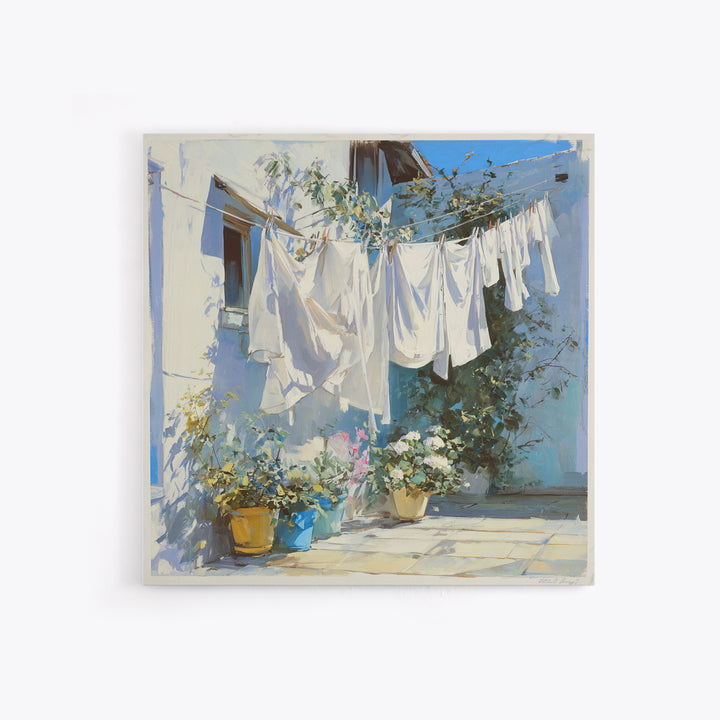 Clothesline with White Linens Blowing in Sunshine Canvas Print, Laundry Room Art, Home Decor, Living Room Decor, Clean, LRA-1x1-97
