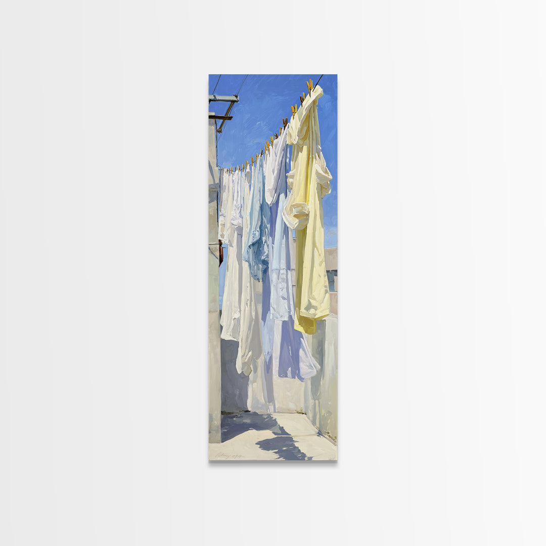 Clothesline with White Linens Blowing in Sunshine Canvas Print, Laundry Room Art, Statement Artwork, Living Room Decor, Clean, LRA-1x3-13