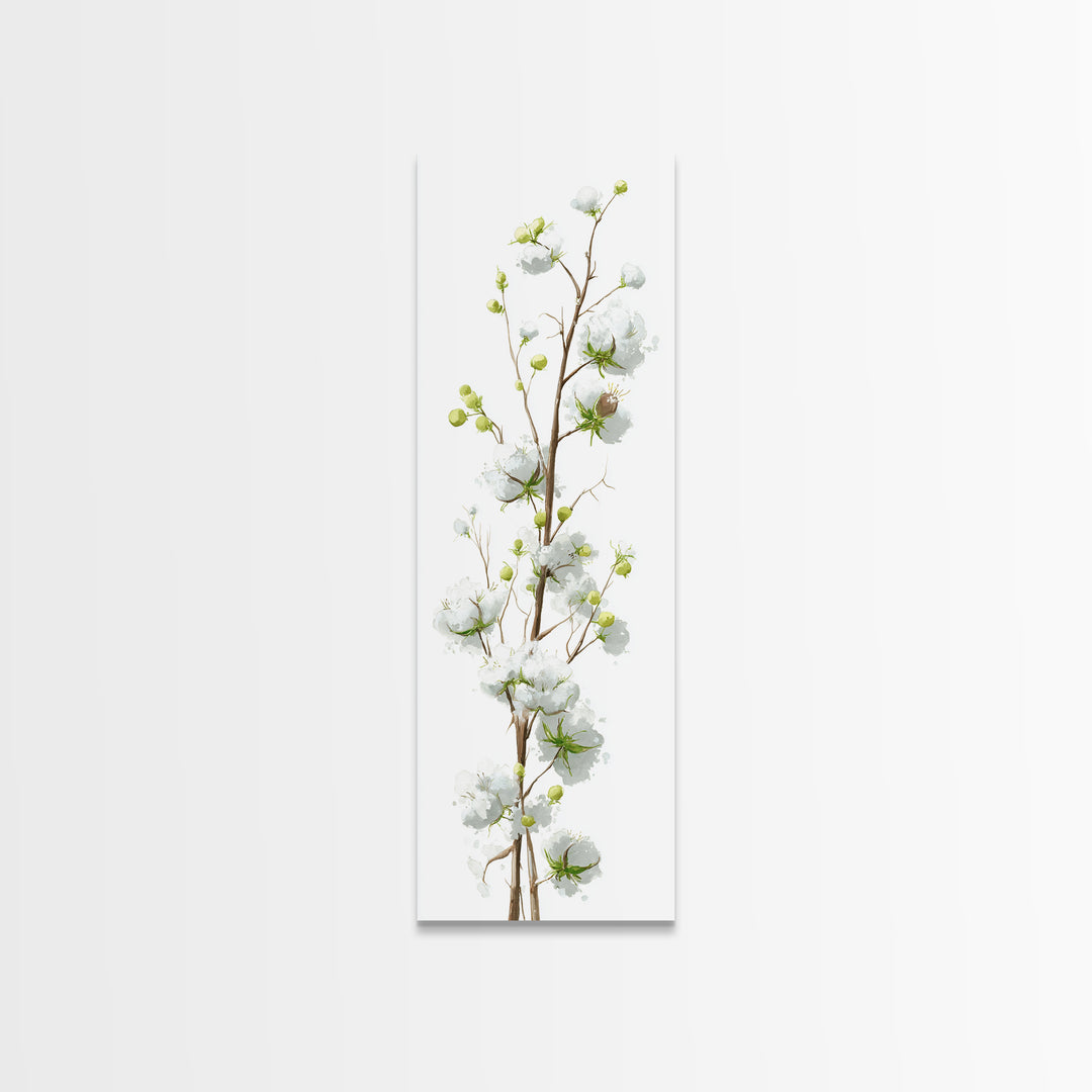 Fresh Cotton Branch Botanical Study Framed Canvas Print, Laundry Room Art, Painting, Living Room Decor, Oil Painting, Clean, LRA-1x3-19
