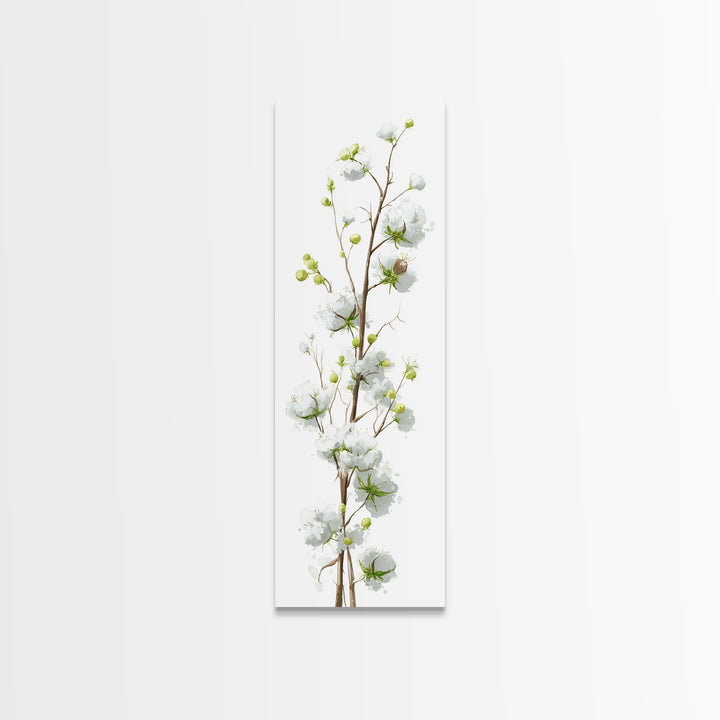 Fresh Cotton Branch Botanical Study Framed Canvas Print, Laundry Room Art, Painting, Living Room Decor, Oil Painting, Clean, LRA-1x3-19