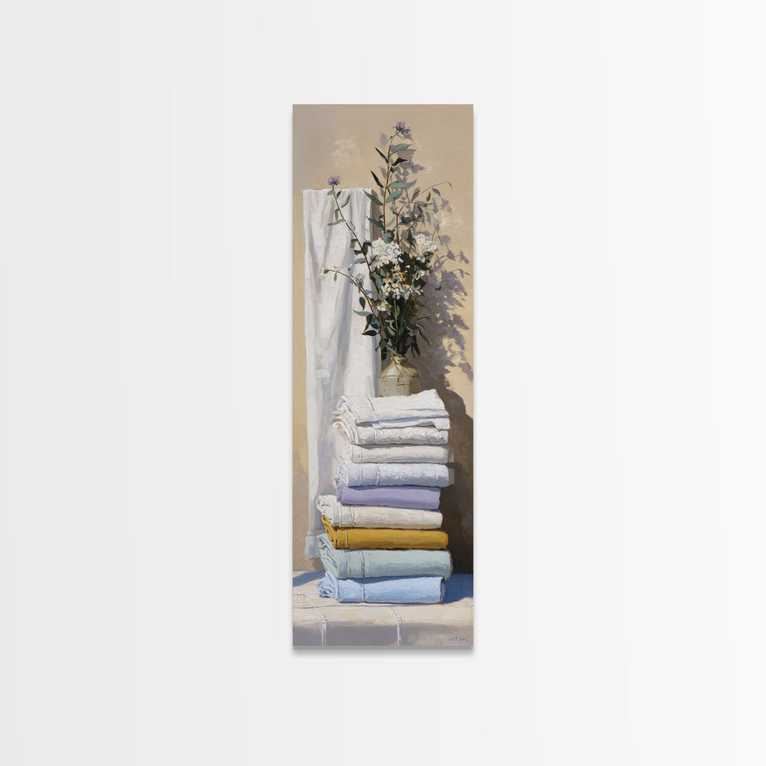 Sunlit White Towels and Eucalyptus Branch Framed Canvas Print, Laundry Room Art, New Home Gift, Living Room Decor, LRA-1x3-47