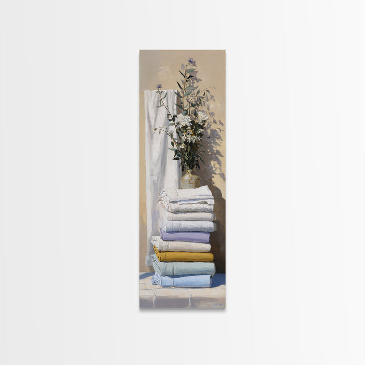 Sunlit White Towels and Eucalyptus Branch Framed Canvas Print, Laundry Room Art, New Home Gift, Living Room Decor, LRA-1x3-47