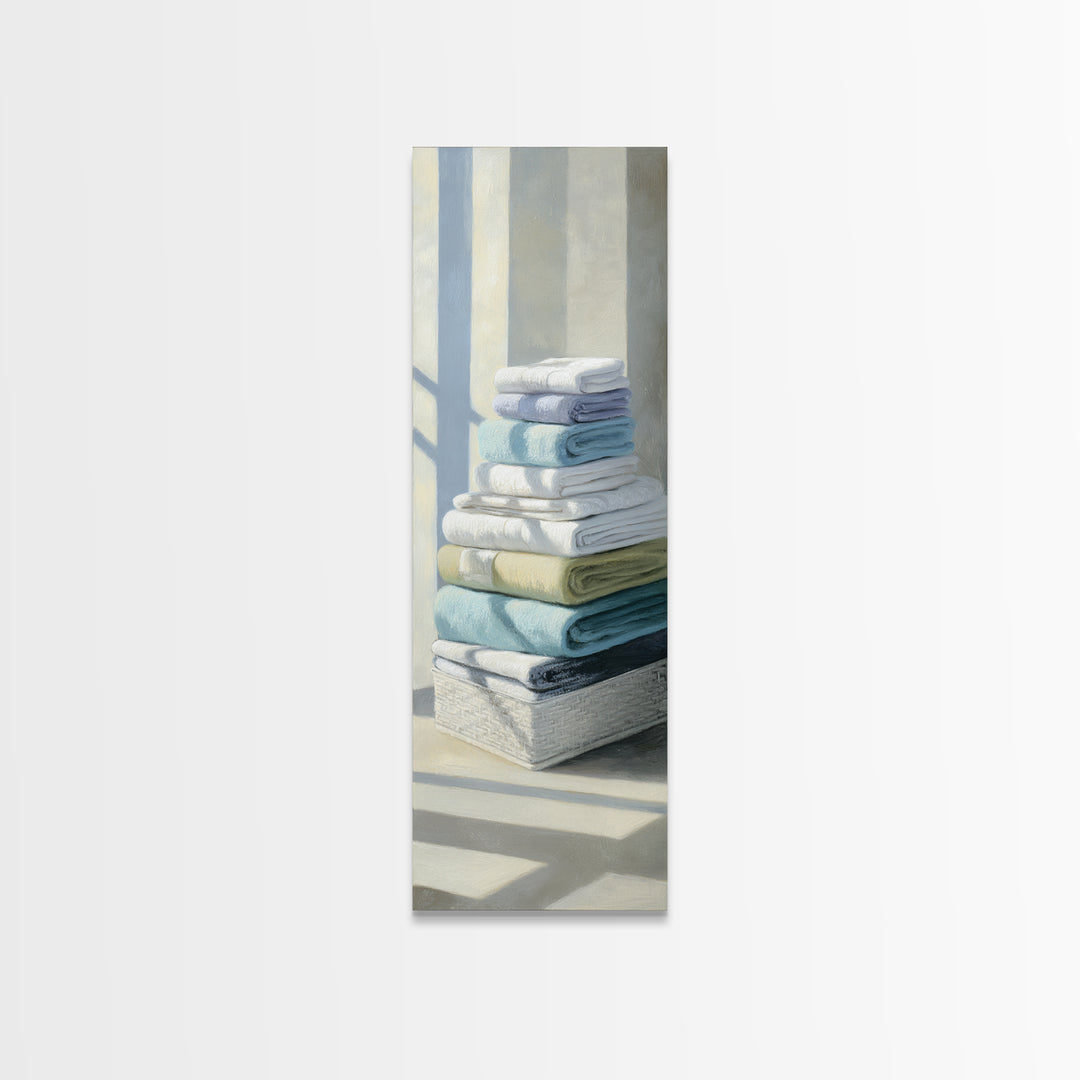 Basket of Folded Towels Framed Canvas Print, Laundry Room Art, Digital Art Print, Living Room Decor, Fine Art, Clean, LRA-1x3-50