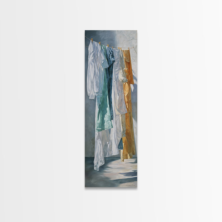 Clothesline with White Linens Blowing in Sunshine Canvas Print, Laundry Room Art, Textured Painting, Living Room Decor, Clean, LRA-1x3-61