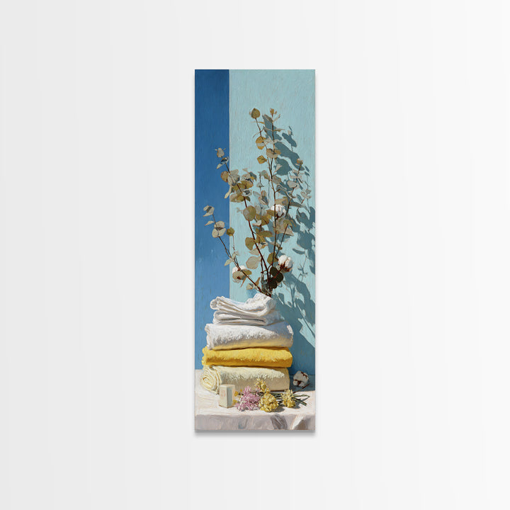 Sunlit White Towels and Eucalyptus Branch Framed Canvas Print, Laundry Room Art, Custom Wall Art, Living Room Decor, Clean, LRA-1x3-71