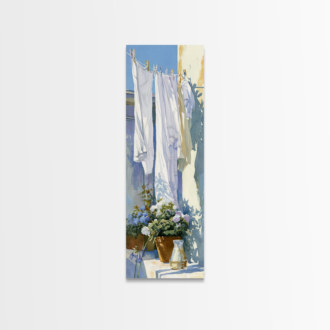 Clothesline with White Linens Blowing in Sunshine Canvas Print, Laundry Room Art, Living Room Decor, Abstract Art, Clean, LRA-1x3-85