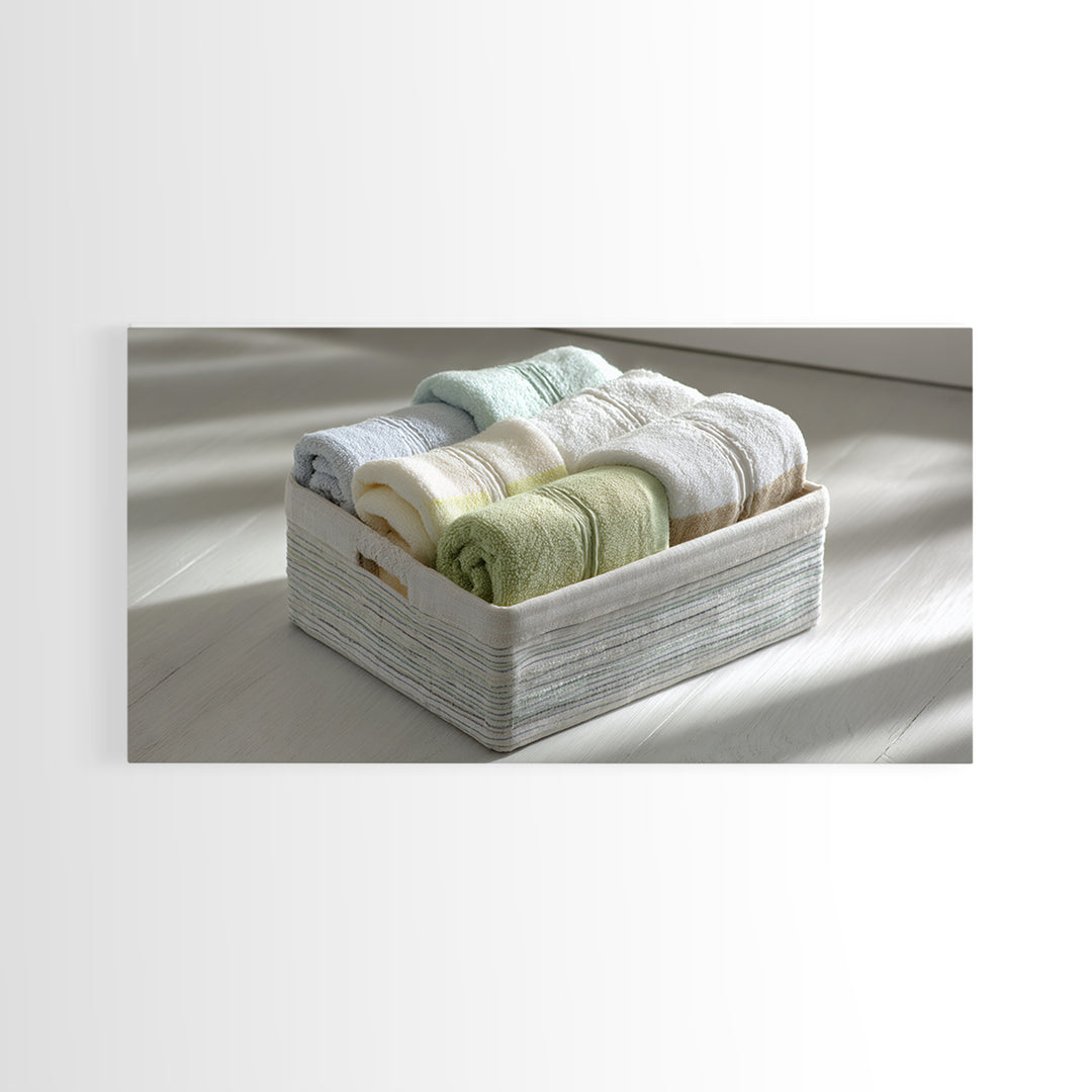 Basket of Folded Towels Framed Canvas Print, Laundry Room Art, Art Print, Living Room Decor, Fine Art, Clean, Artwork, LRA-2x1-10