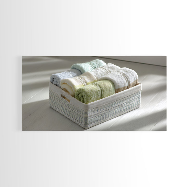 Basket of Folded Towels Framed Canvas Print, Laundry Room Art, Art Print, Living Room Decor, Fine Art, Clean, Artwork, LRA-2x1-10