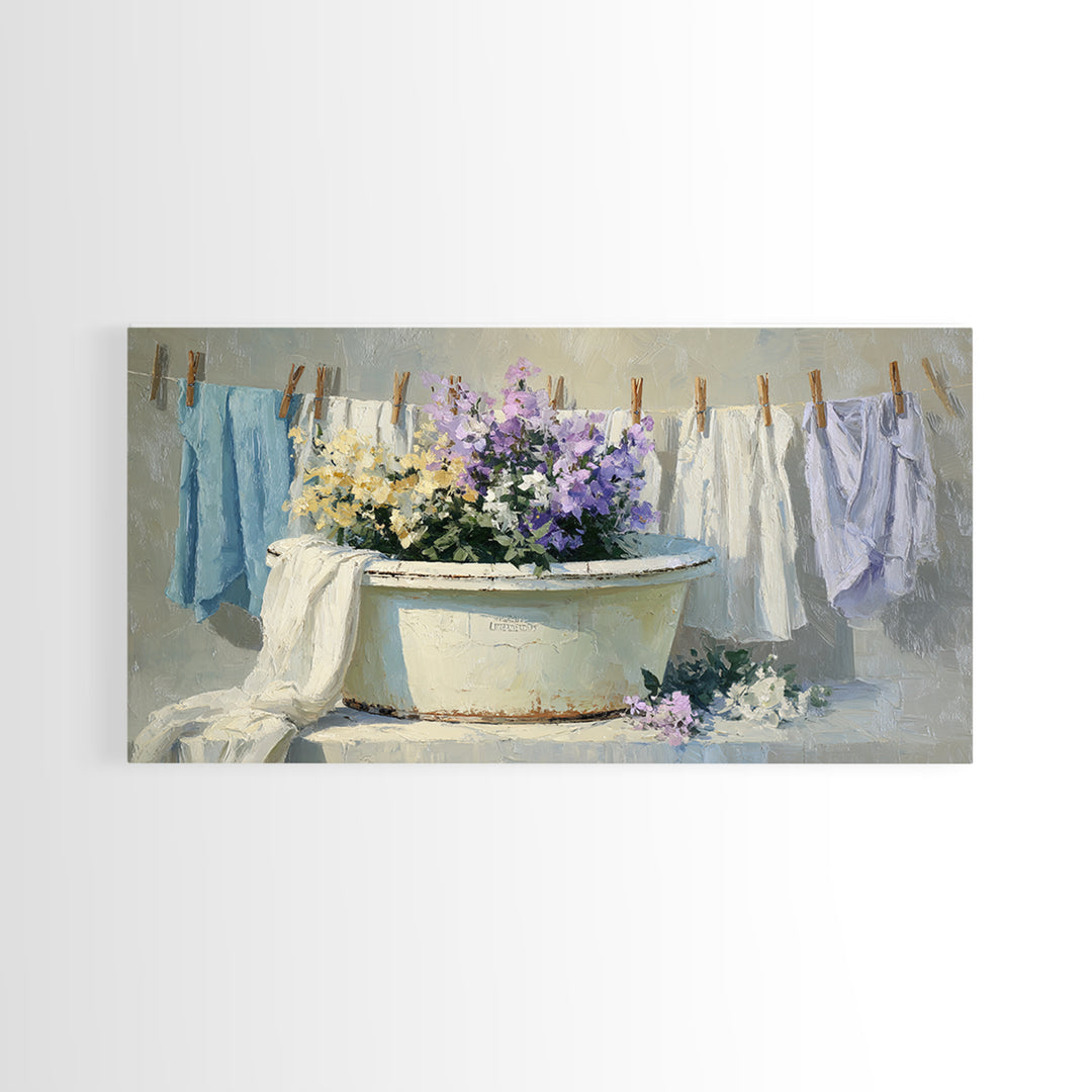 Old Enamel Basin Filled Framed Canvas Print, Laundry Room Art, Farmhouse Wall Art, Living Room Decor, Oil Painting, Clean, LRA-2x1-100