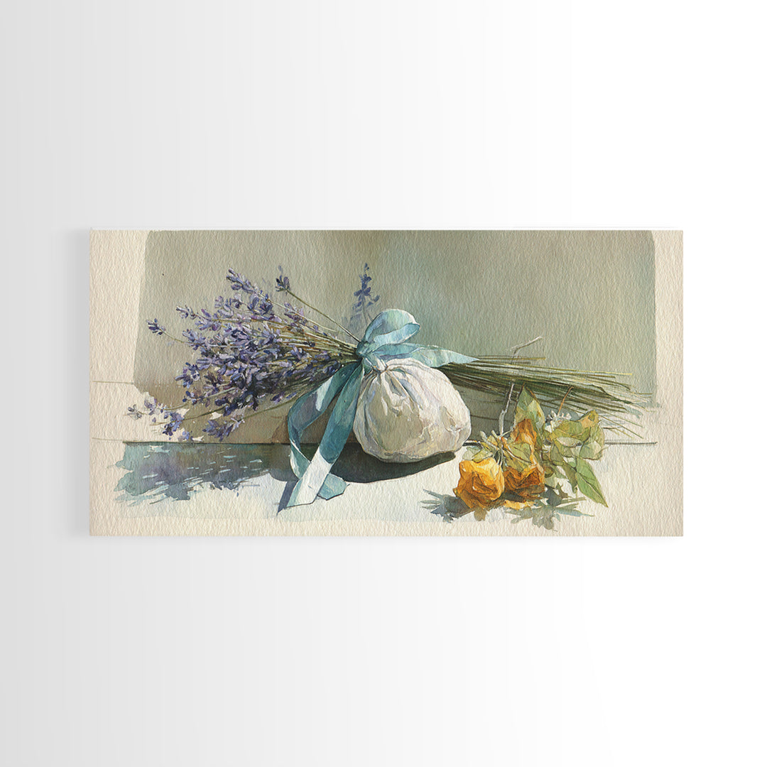 Lavender Sachet and Ribbon Still Life Framed Canvas Print, Laundry Room Art, Minimalist Decor, Living Room Decor, Clean, LRA-2x1-13