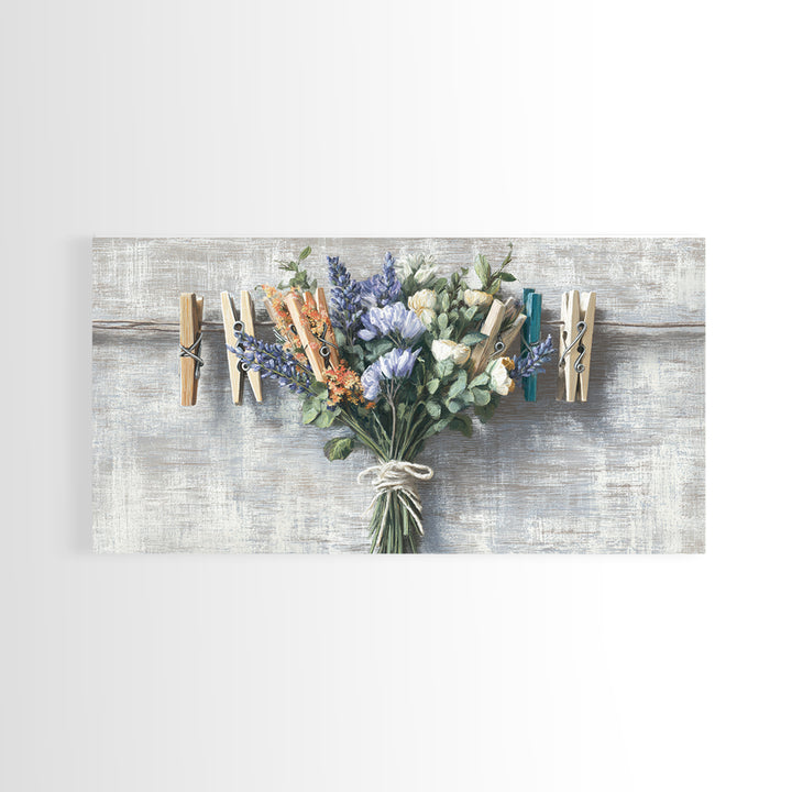 Clothespin Bouquet in Folk Art Style Framed Canvas Print, Laundry Room Art, Fine Art Print, Living Room Decor, Fine Art, Clean, LRA-2x1-16