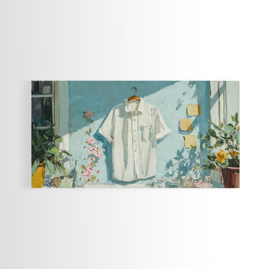 White Shirt on Hanger Canvas Print, Laundry Room Art, Contemporary Art, Living Room Decor, Fine Art, Clean, Farmhouse Decor, LRA-2x1-17