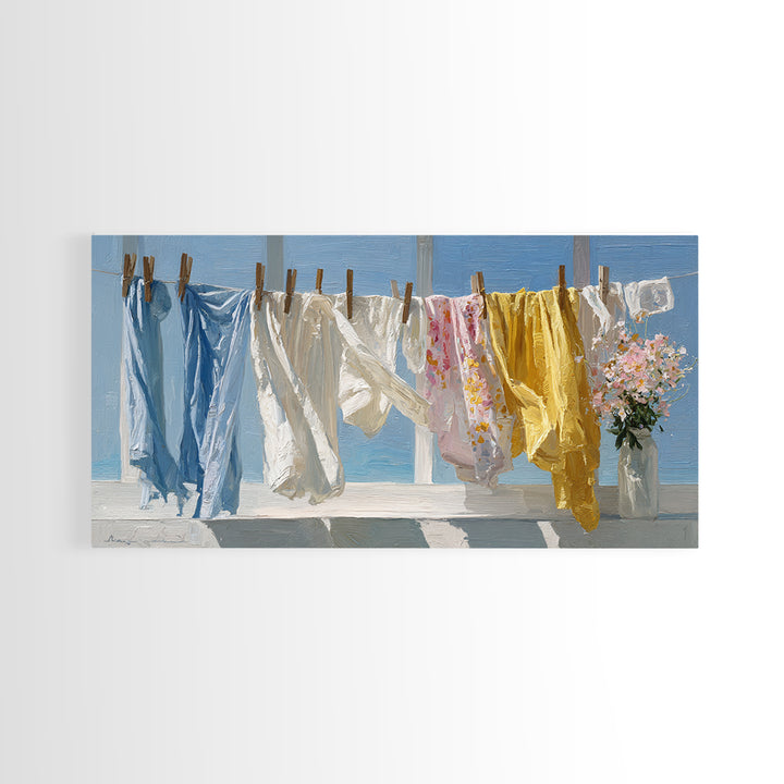 Clothesline with White Linens Blowing in Sunshine Canvas Print, Laundry Room Art, Home Decor, Living Room Decor, Clean, LRA-2x1-21
