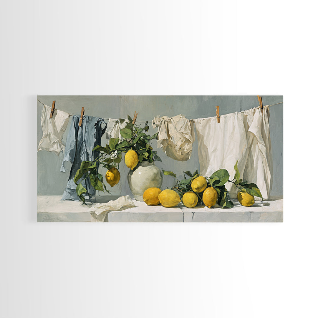 Lemon and Clean Linen Still Life Framed Canvas Print, Laundry Room Art, Digital Wall Art, Living Room Decor, Abstract Art, LRA-2x1-23