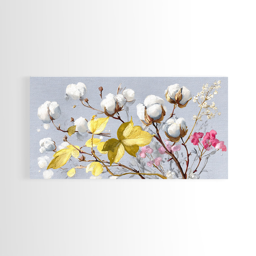 Fresh Cotton Branch Botanical Study Framed Canvas Print, Laundry Room Art, Fine Art Print, Living Room Decor, Fine Art, Clean, LRA-2x1-27