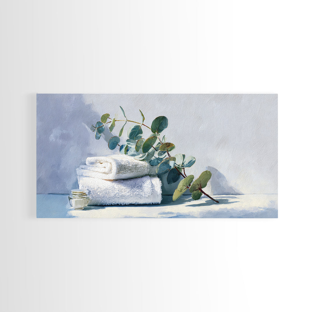 Sunlit White Towels and Eucalyptus Branch Canvas Print, Laundry Room Art, Digital Print, Living Room Decor, Fine Art, Clean, LRA-2x1-31