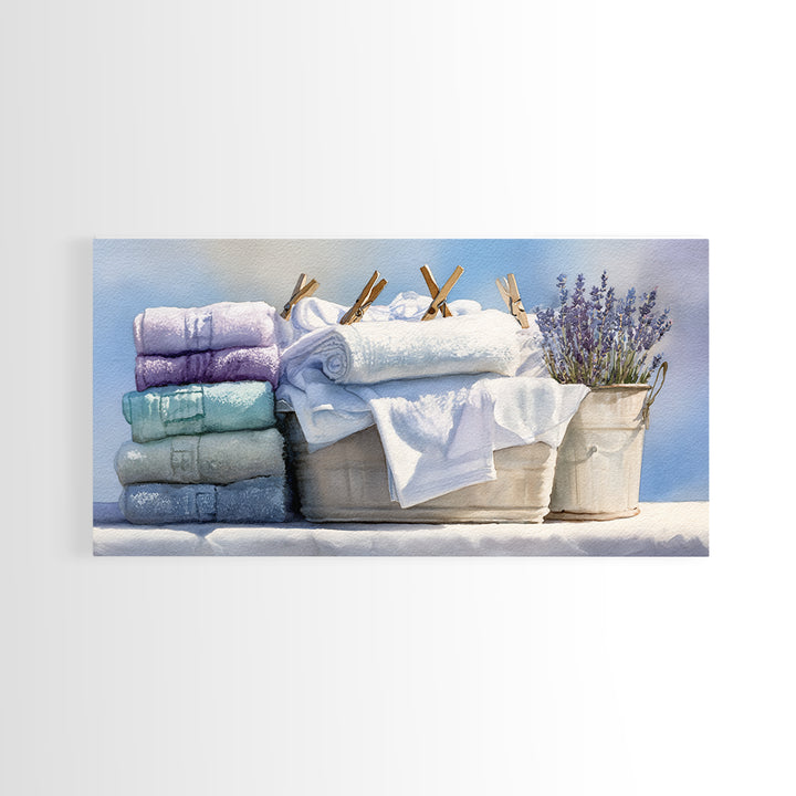 Basket of Folded Towels Framed Canvas Print, Laundry Room Art, Art Print, Living Room Decor, Fine Art, Clean, Artwork, LRA-2x1-34