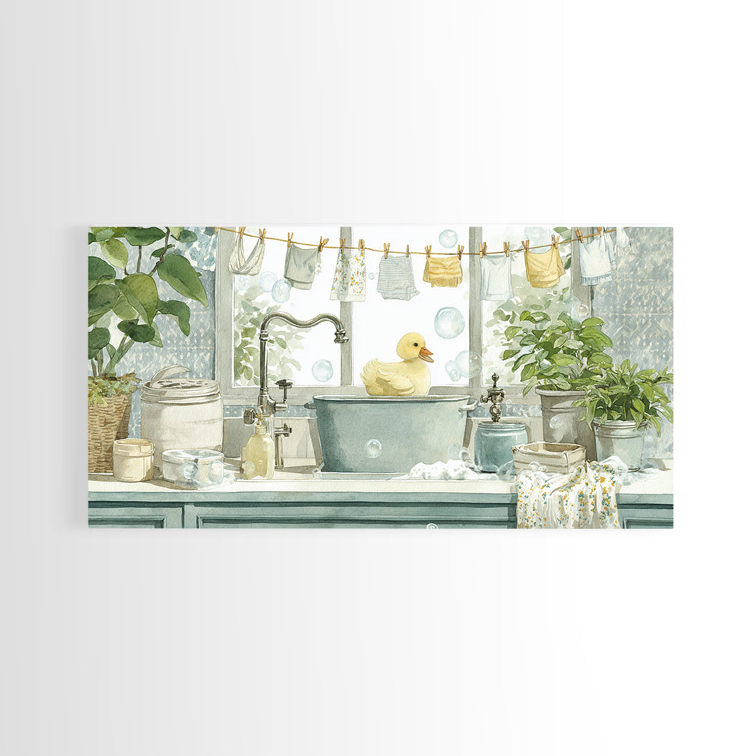 Duck and Bubbles Whimsical Watercolor Framed Canvas Print, Laundry Room Art, Living Room Decor, Oil Painting, Clean, LRA-2x1-35