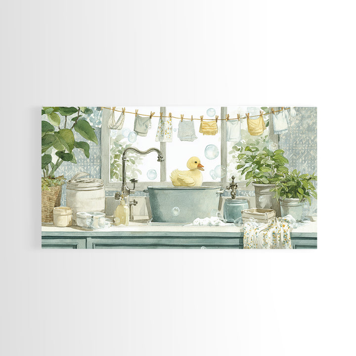 Duck and Bubbles Whimsical Watercolor Framed Canvas Print, Laundry Room Art, Living Room Decor, Oil Painting, Clean, LRA-2x1-35