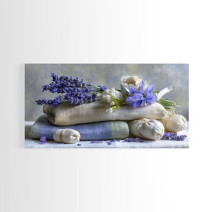Lavender Sachet and Ribbon Still Life Framed Canvas Print, Laundry Room Art, Minimalist Decor, Living Room Decor, Clean, LRA-2x1-37