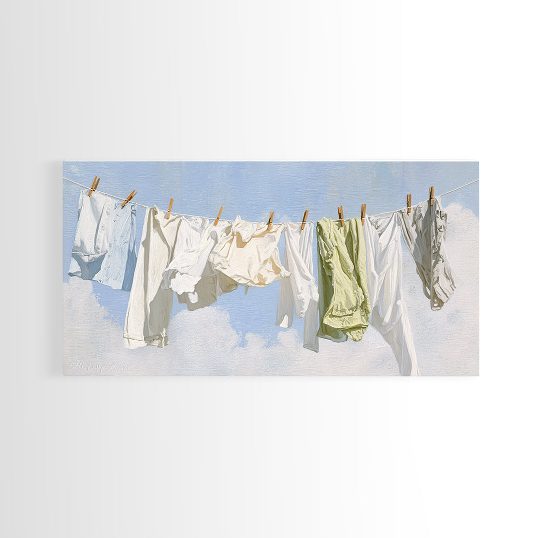 Clothesline with White Linens Blowing in Sunshine Canvas Print, Laundry Room Art, Digital Wall Art, Living Room Decor, Clean, LRA-2x1-45