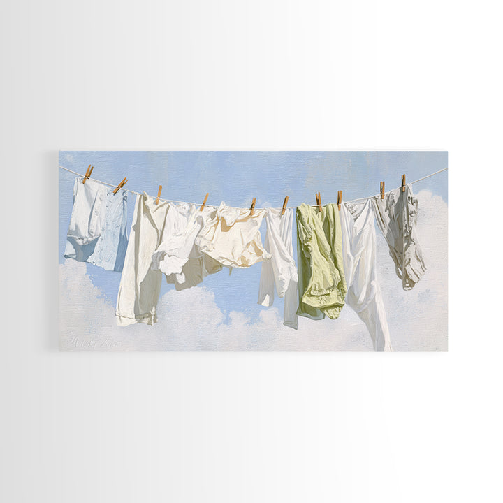 Clothesline with White Linens Blowing in Sunshine Canvas Print, Laundry Room Art, Digital Wall Art, Living Room Decor, Clean, LRA-2x1-45