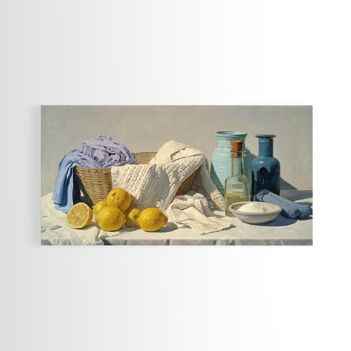 Lemon and Clean Linen Still Life Canvas Print, Laundry Room Art, Farmhouse Decor, Living Room Decor, Abstract Art, Clean, LRA-2x1-47