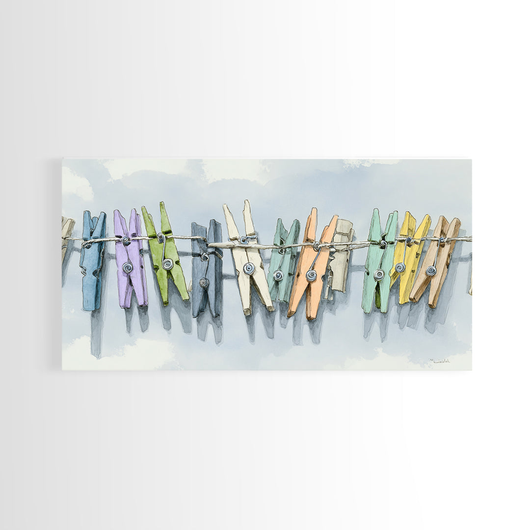 Cheerful Clothespins Arranged as Pattern Canvas Print, Laundry Room Art, Digital Art, Living Room Decor, Fine Art, Clean, LRA-2x1-48