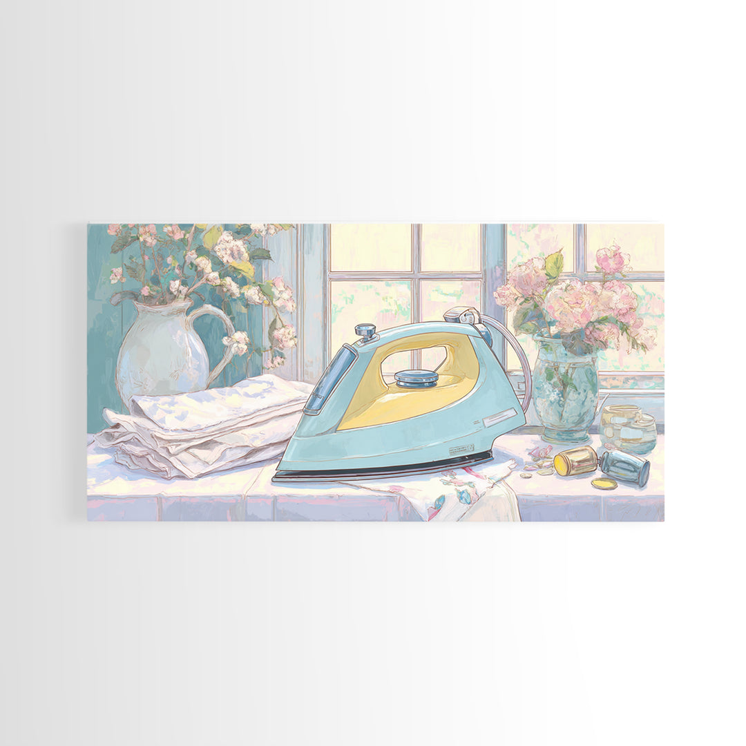 Retro Iron Illustration Framed Canvas Print, Laundry Room Art, Living Room Decor, Watercolor Art, Clean, Wall Art Print, LRA-2x1-5