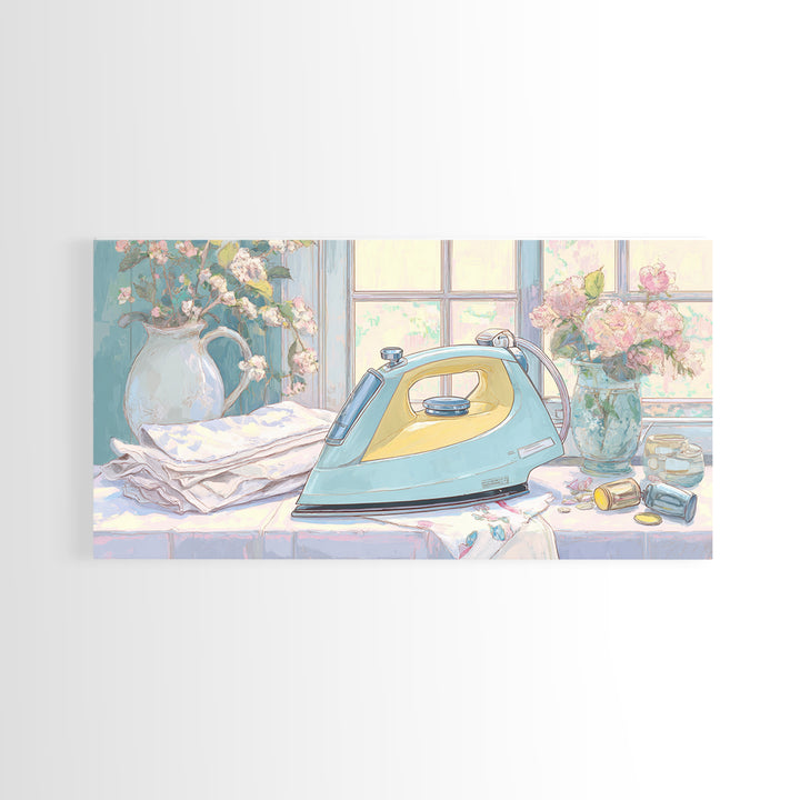 Retro Iron Illustration Framed Canvas Print, Laundry Room Art, Living Room Decor, Watercolor Art, Clean, Wall Art Print, LRA-2x1-5