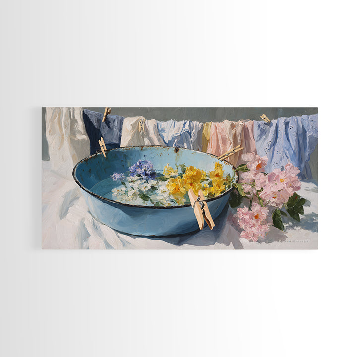 Old Enamel Basin Filled Canvas Print, Laundry Room Art, Printable Wall Art, Living Room Decor, Watercolor Art, Clean, LRA-2x1-52