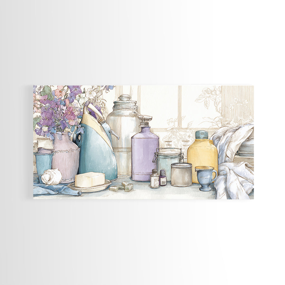 Retro Iron Illustration Canvas Print, Laundry Room Art, Digital Print, Living Room Decor, Oil Painting, Clean, Custom Wall Art, LRA-2x1-53