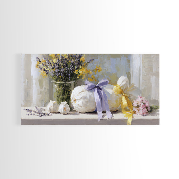 Lavender Sachet and Ribbon Still Life Canvas Print, Laundry Room Art, Printable Wall Art, Living Room Decor, Fine Art, Clean, LRA-2x1-61