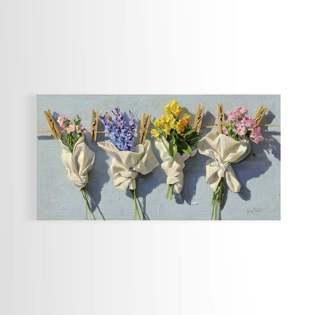 Clothespin Bouquet in Folk Art Style Canvas Print, Laundry Room Art, Artwork, Living Room Decor, Clean, Minimalist Wall Art, LRA-2x1-64