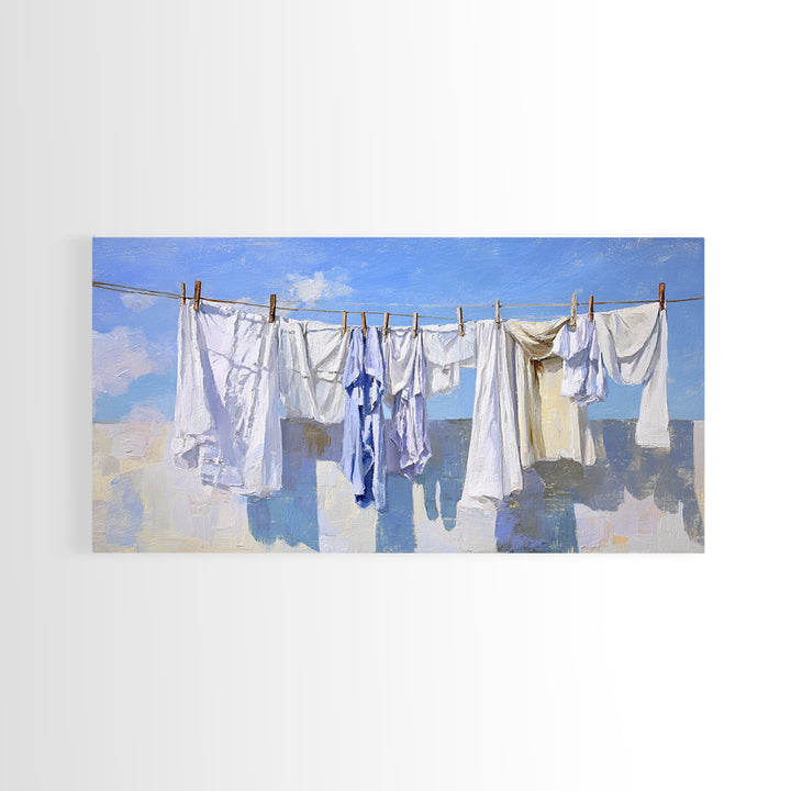Clothesline with White Linens Blowing in Sunshine Canvas Print, Laundry Room Art, Farmhouse Decor, Living Room Decor, Clean, LRA-2x1-69