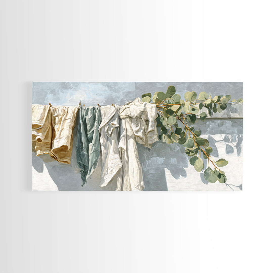 Sunlit White Towels and Eucalyptus Branch Framed Canvas Print, Laundry Room Art, Living Room Decor, Watercolor Art, Clean, LRA-2x1-7