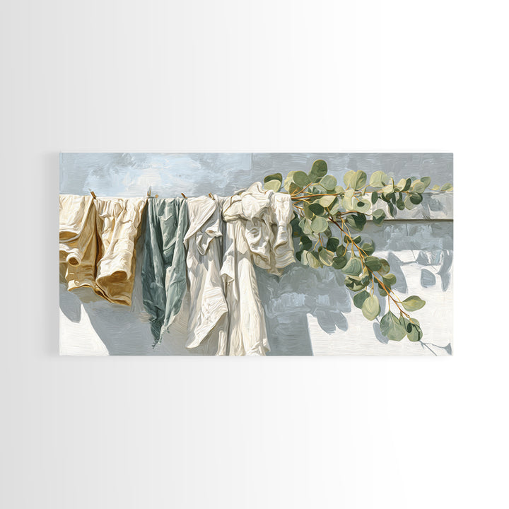 Sunlit White Towels and Eucalyptus Branch Framed Canvas Print, Laundry Room Art, Living Room Decor, Watercolor Art, Clean, LRA-2x1-7