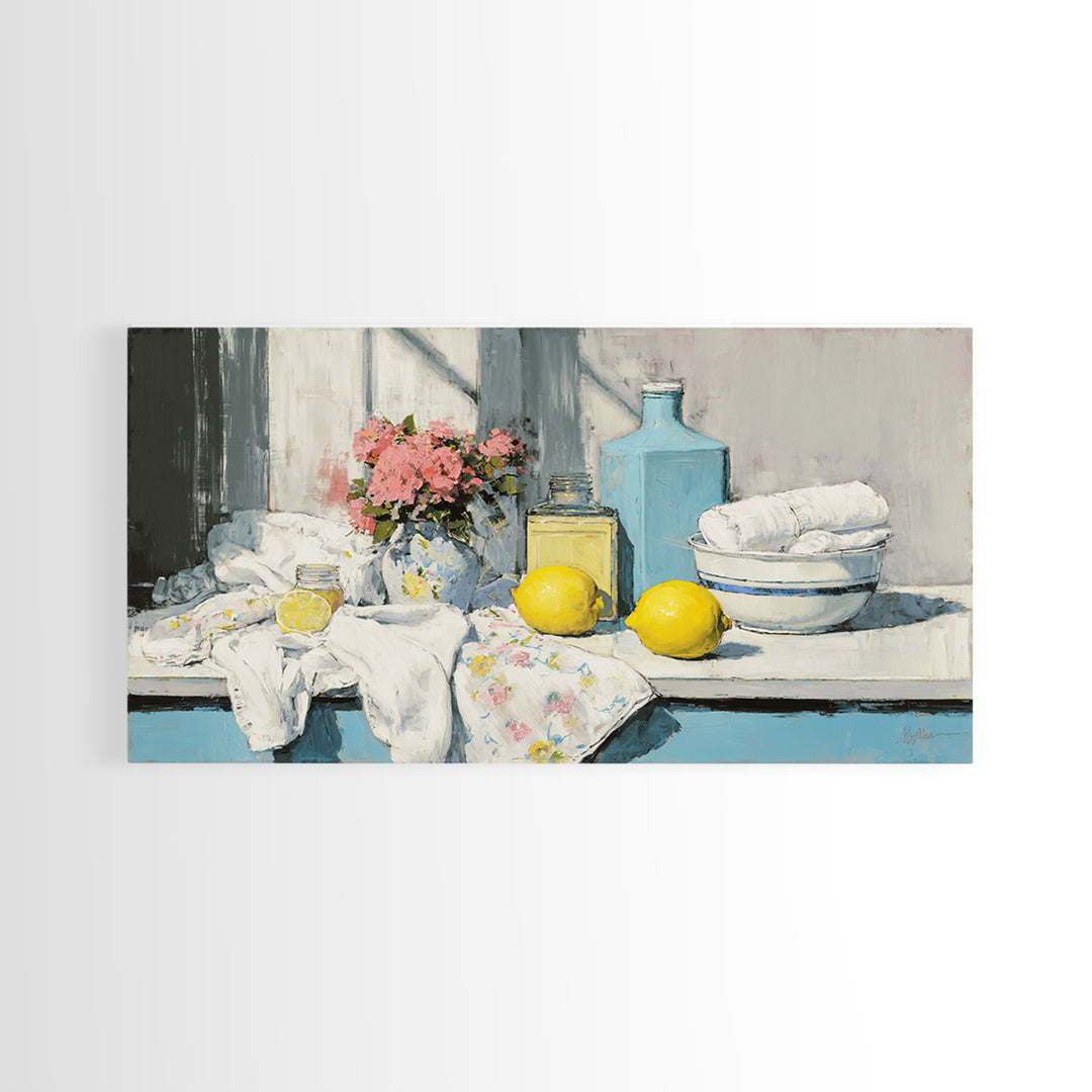 Lemon and Clean Linen Still Life Canvas Print, Laundry Room Art, Downloadable Art, Living Room Decor, Fine Art, Clean, LRA-2x1-71