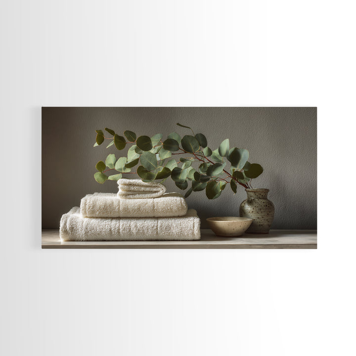 Sunlit White Towels and Eucalyptus Branch Canvas Print, Laundry Room Art, Gallery Wall Prints, Living Room Decor, Clean, LRA-2x1-79