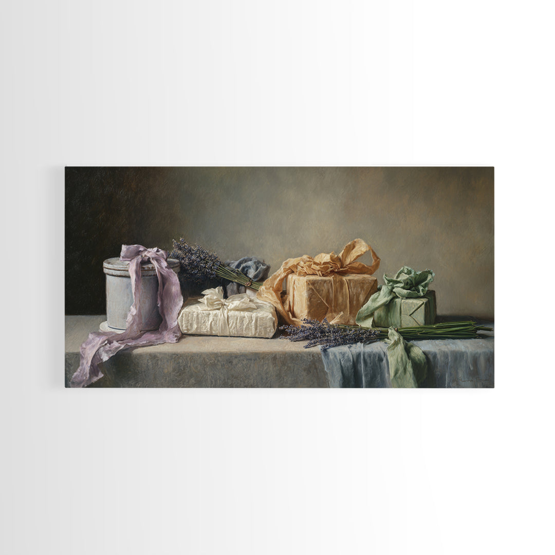 Lavender Sachet and Ribbon Still Life Framed Canvas Print, Laundry Room Art, Printable Art, Living Room Decor, Fine Art, Clean, LRA-2x1-85