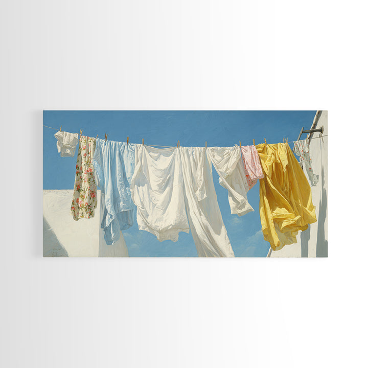 Clothesline with White Linens Blowing in Sunshine Canvas Print, Laundry Room Art, Farmhouse Decor, Living Room Decor, Clean, LRA-2x1-93